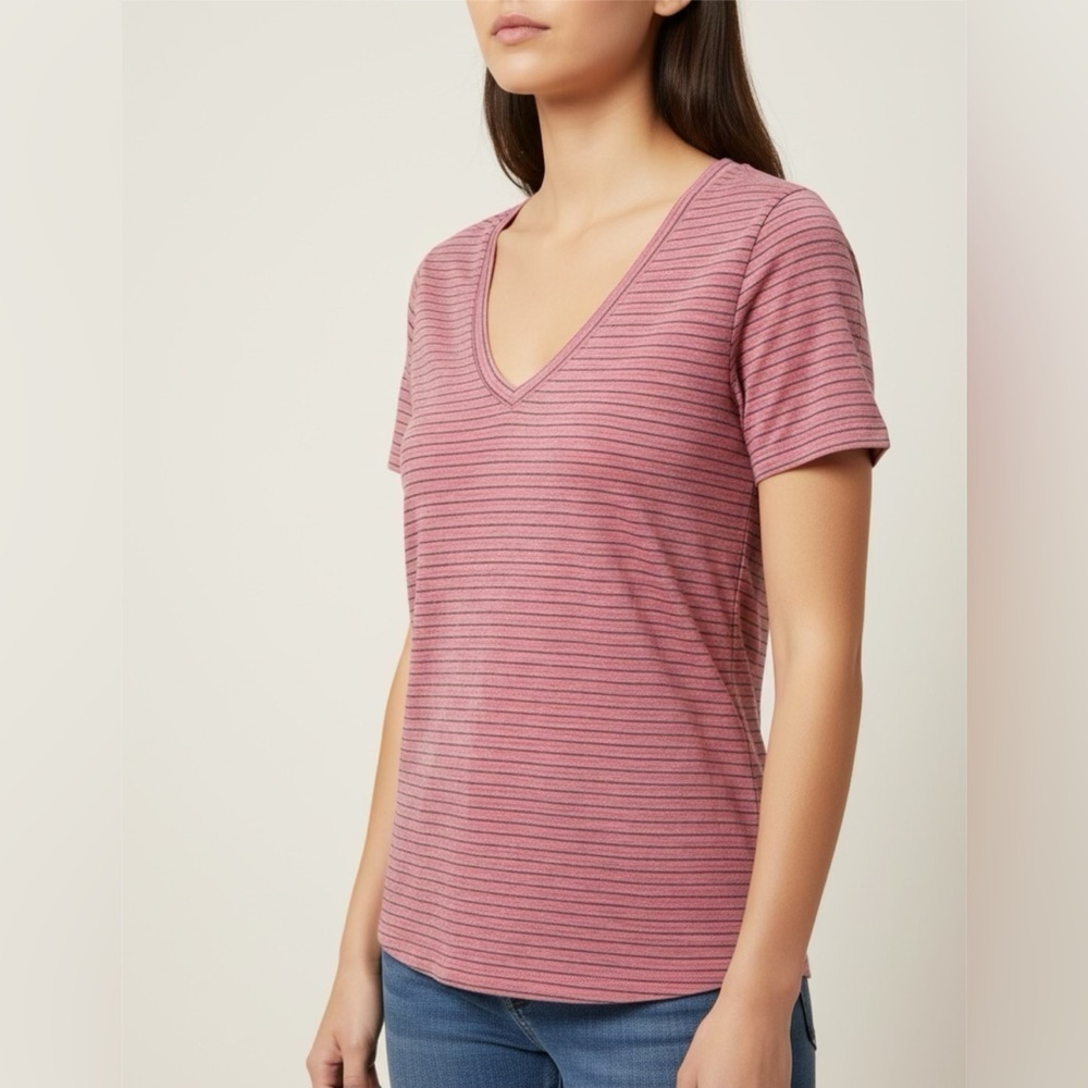 NWT Lucky Brand Stripe V-Neck Cut out Short Sleeve Tee in Red Sz XS